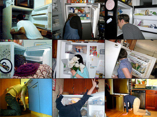 9 images of people sticking their heads in freezers